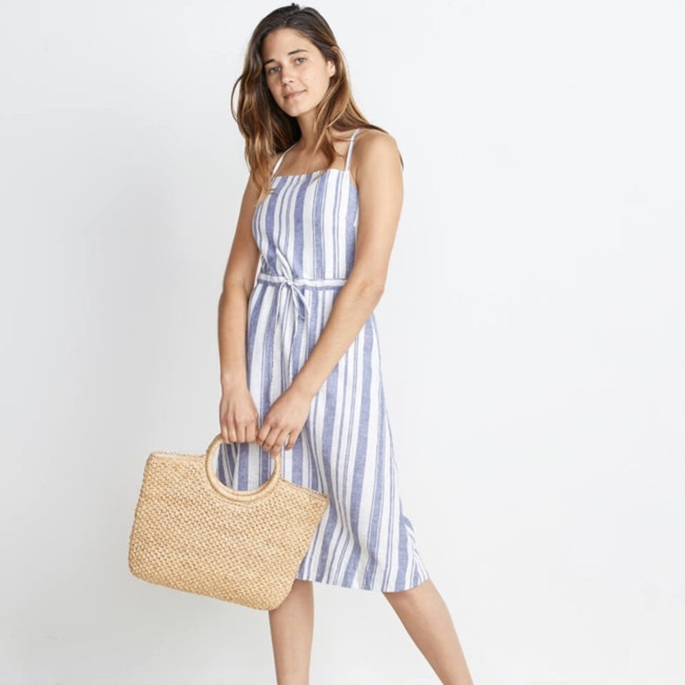 MARINE LAYER Lily Dress Stripes Crossed Tie Back Midi LINEN Dress SIZE XL
